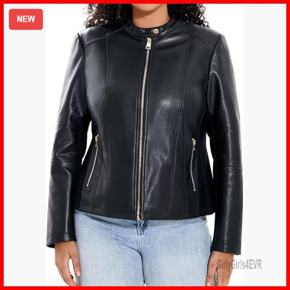 Plus Size Faux Leather Motorcycle Jacket with Stretch Sleeves Zip Up